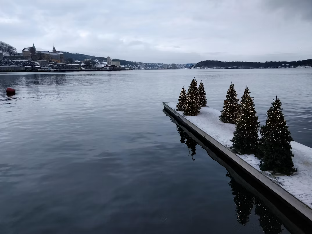 Family Christmas holiday scenery in Norway