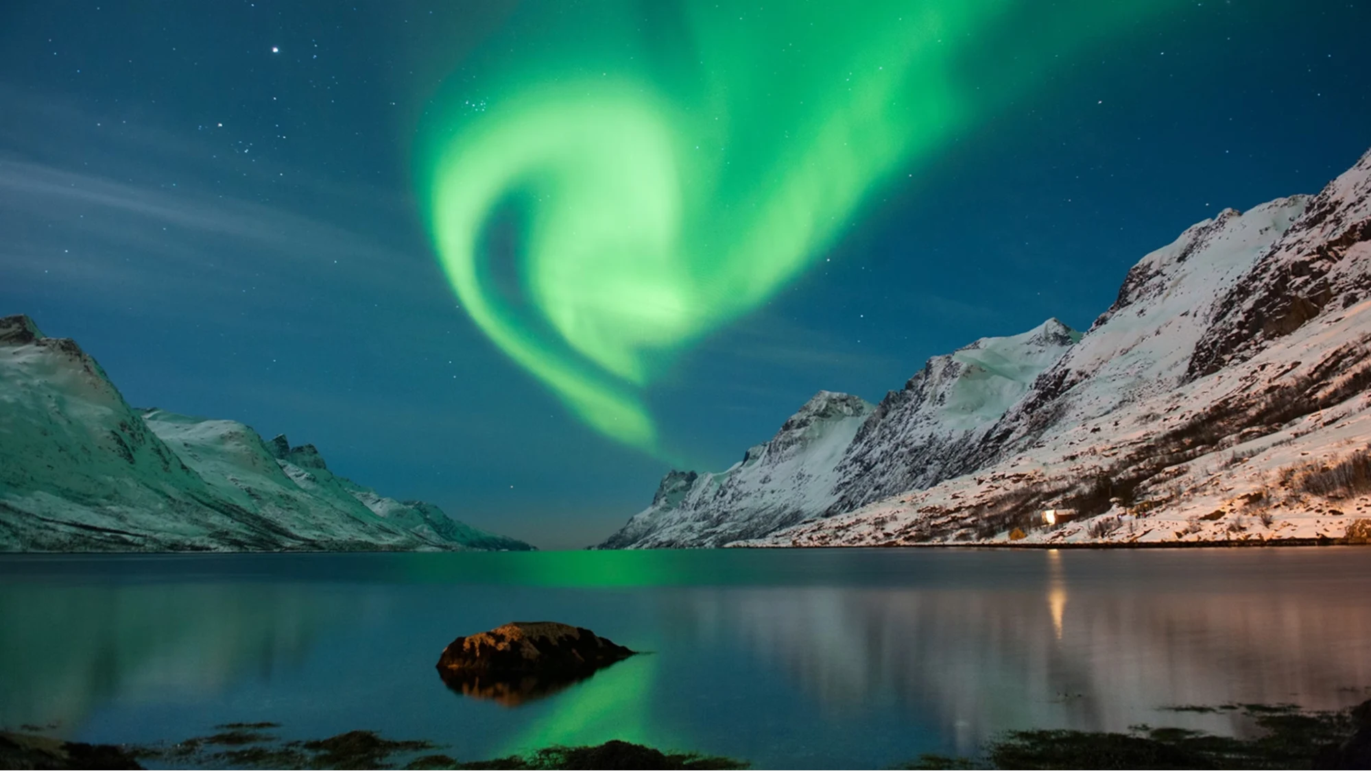 Norway fjord landscape and northern lights overview